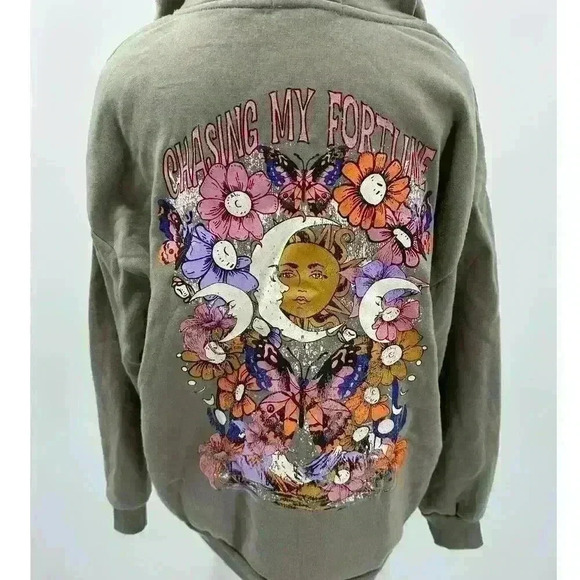 No Comment Women's Gray Whimsical Floral Sun and Moon‎ Hoodie - Sz Large - Picture 1 of 7